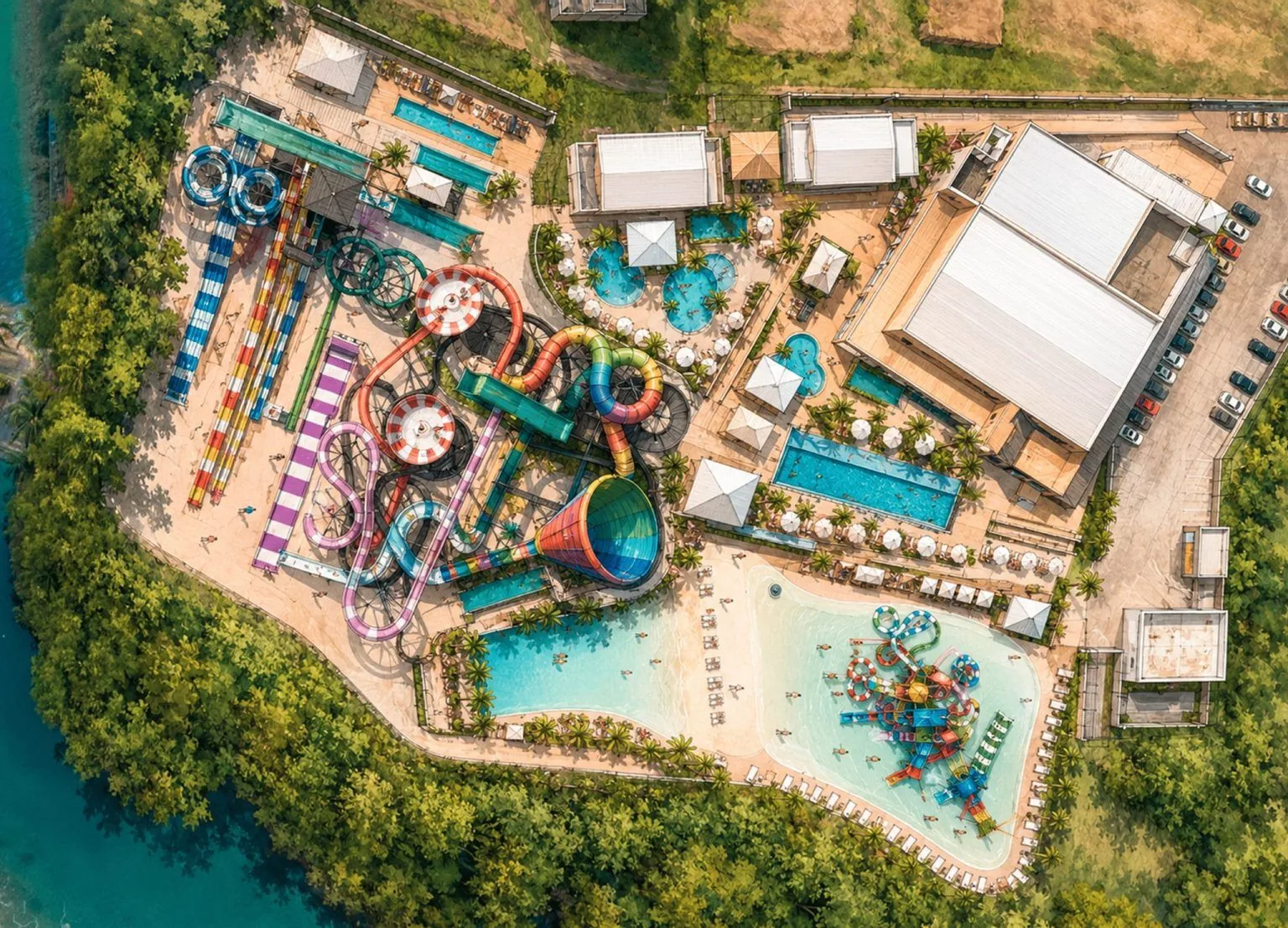 Vista aérea do Kawana Park com as atrações numeradas